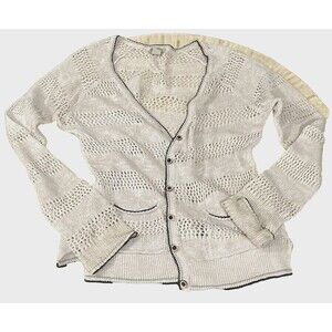 Lucky Brand Open Knit Cardigan Medium Beige V-Neck Navy Trim Sweater Cottagecore